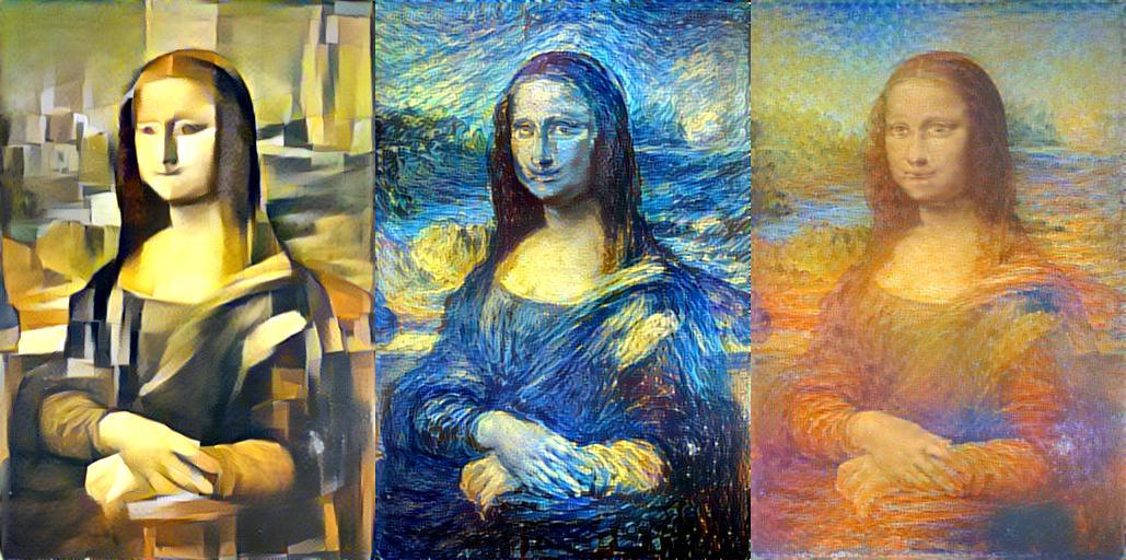 Mona Lisa restyled by Picasso, van Gogh, and Monet.